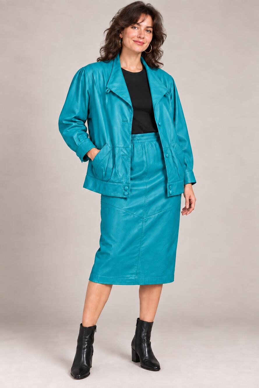 Vintage Teal Leather Jacket & Pencil Skirt Set 80s Power Dressing